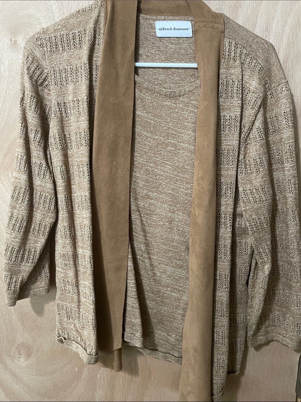 Alfred Dunner Beige/Tan Open-Front Knit Cardigan with Suede Trim
